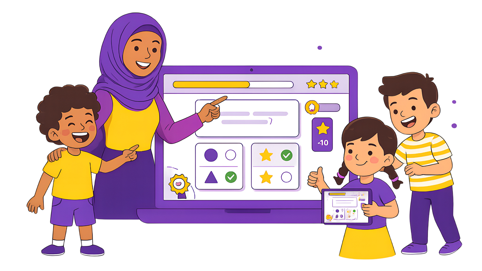 طلاب ومعلمة يستخدمون منصة اختبار تفاعلية